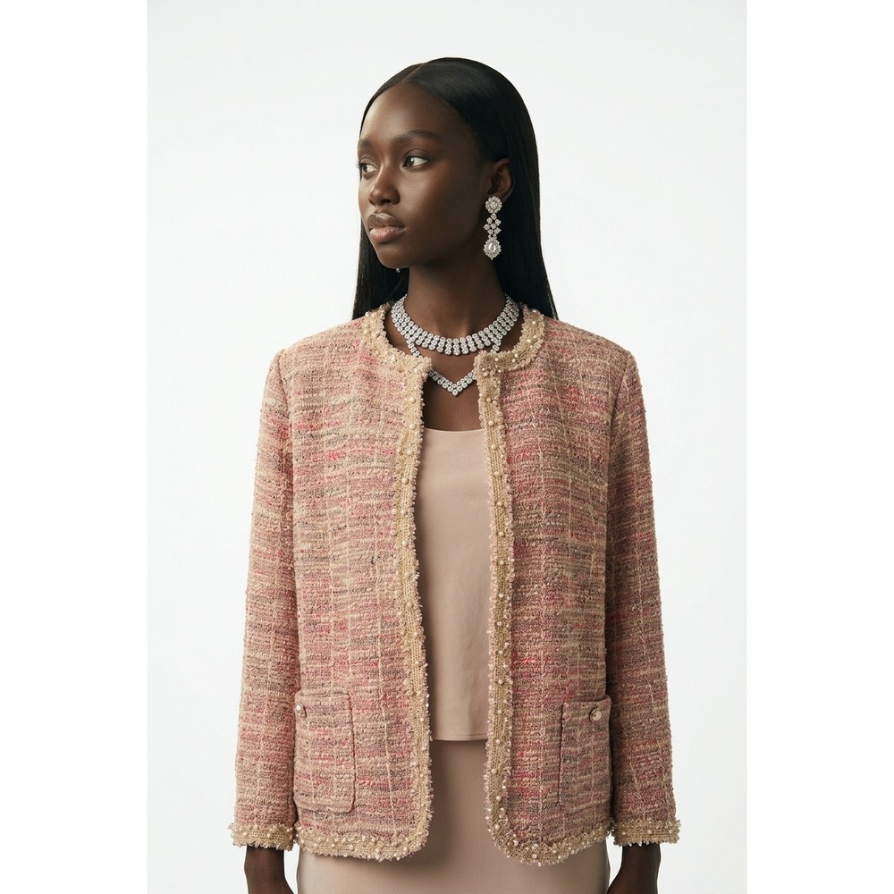 Alfred Dunner Magnolia Springs Tweed Cardigan Jacket Pink Multi Pearl Trim PS‎